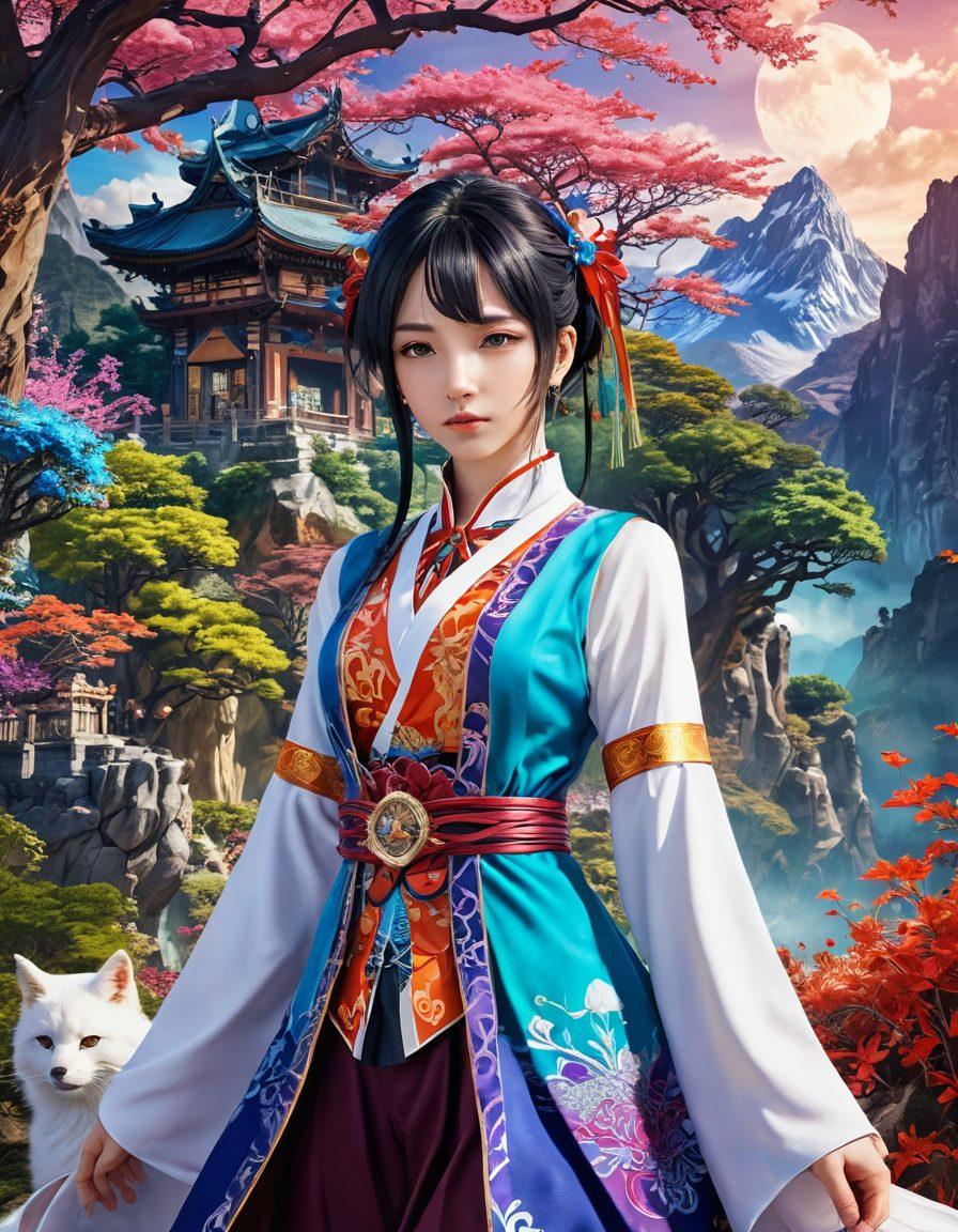 An enigmatic character in a colorful fantasy landscape, surrounded by adult-themed anime and manga elements. The character has an alluring expression, with elegant attire combining traditional and modern anime styles. In the background, vibrant and intricate details of various manga panels and fantasy creatures create an immersive atmosphere. The colors are rich and bold, enhancing the whimsical yet suggestive theme. 3D illustration. vibrant colors.