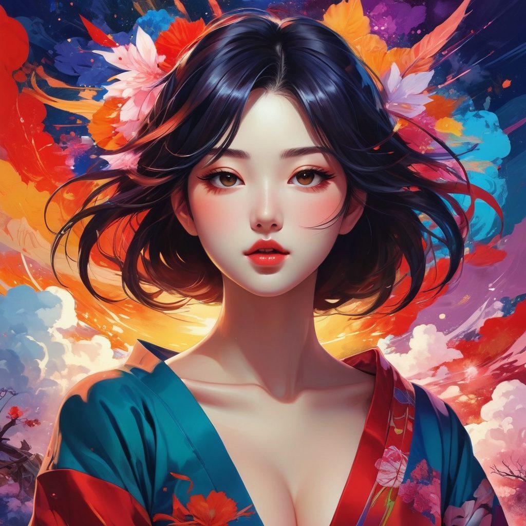A vibrant collage of adult anime characters in various artistic styles, showcasing the fusion of fantasy and sensuality, interspersed with abstract art elements that reflect creativity and freedom. The background features a burst of colors representing diverse emotions and artistic expressions. Incorporate subtle hints of traditional Japanese art, combined with modern digital aesthetics. The overall atmosphere should evoke curiosity and allure, while maintaining a respectful perspective on adult themes. ultra-modern art style. rich color palette. dynamic composition.